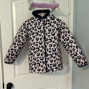 DSG Girls XS winter jacket, pale pink with navy cheetah spots, navy fleece lined
